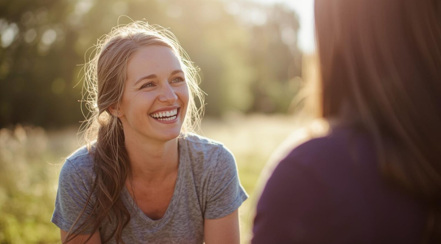 friendly wellness coach talking to client outdoors, both smiling, natural setting, authentic connection, warm sunlight, candid photography style.