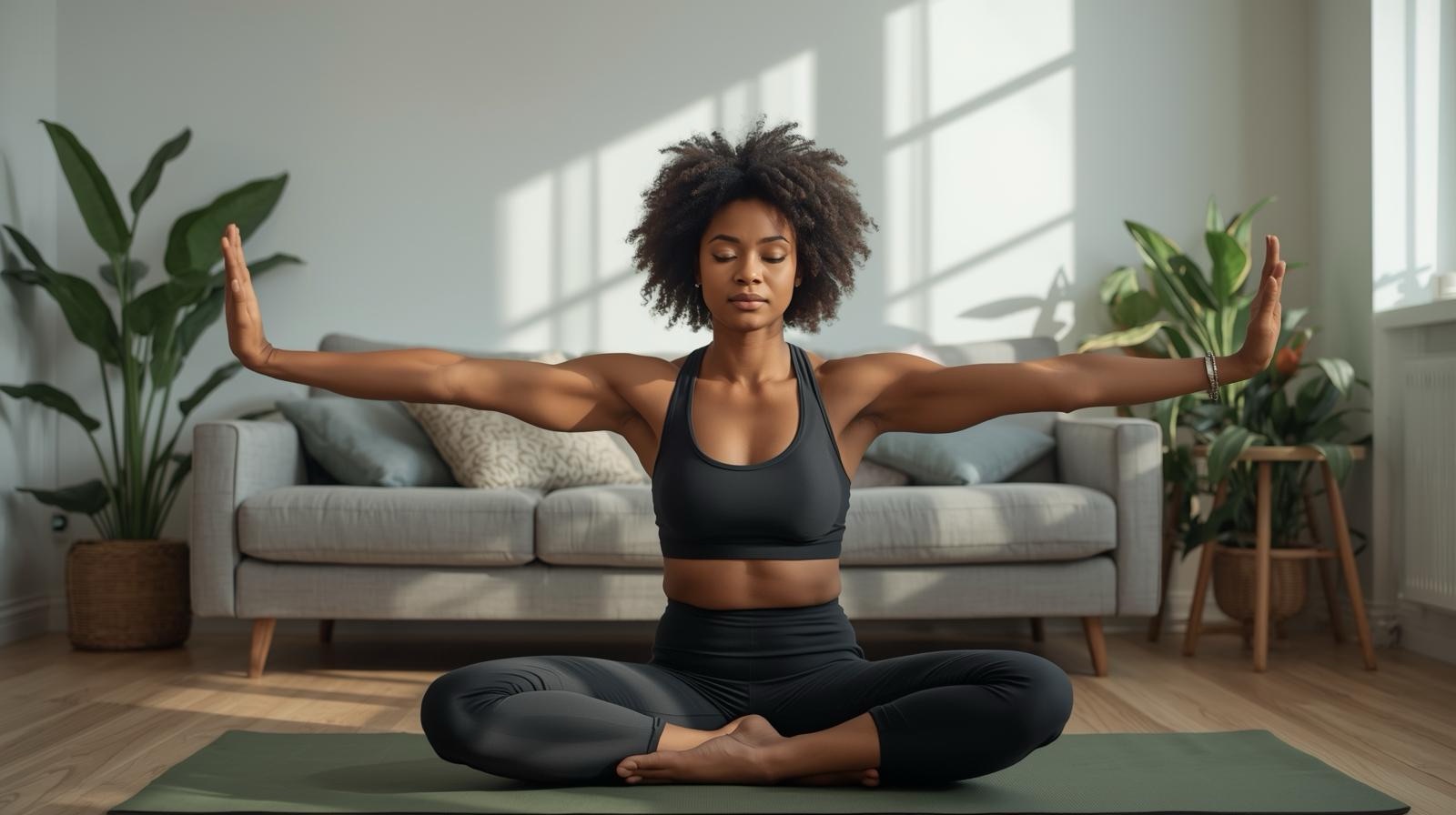 Strong Yet Approachable Woman Doing Yoga Stretches In A Minimalist Living Room With Indoor Plants And Sunlight %E2%80%94 Calm Focused Empowering Atmosphere